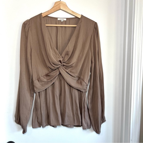 Pleione Taupe Front Twist Satin Blouse Long Sleeve Swiss Dot, Size Medium - Picture 2 of 11